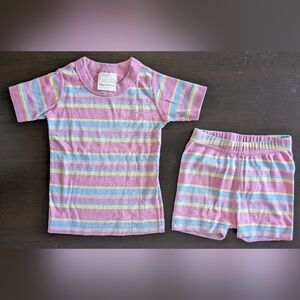 Hanna Andersson 3T Short John Pajamas Pink Blue Yellow Stripes Cotton